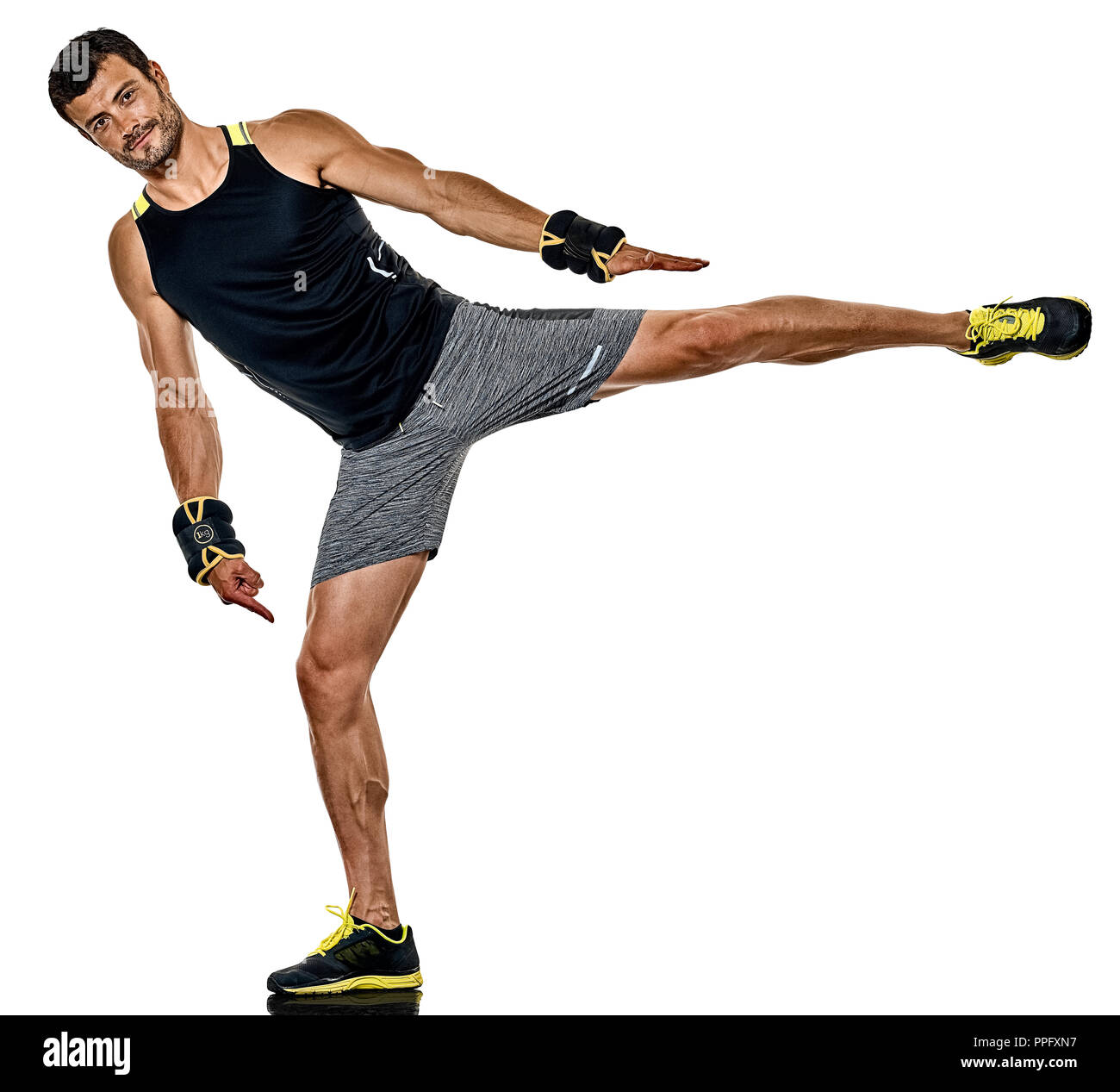 one caucasian fitness man exercising cardio boxing exercises in studio  isolated on white background Stock Photo