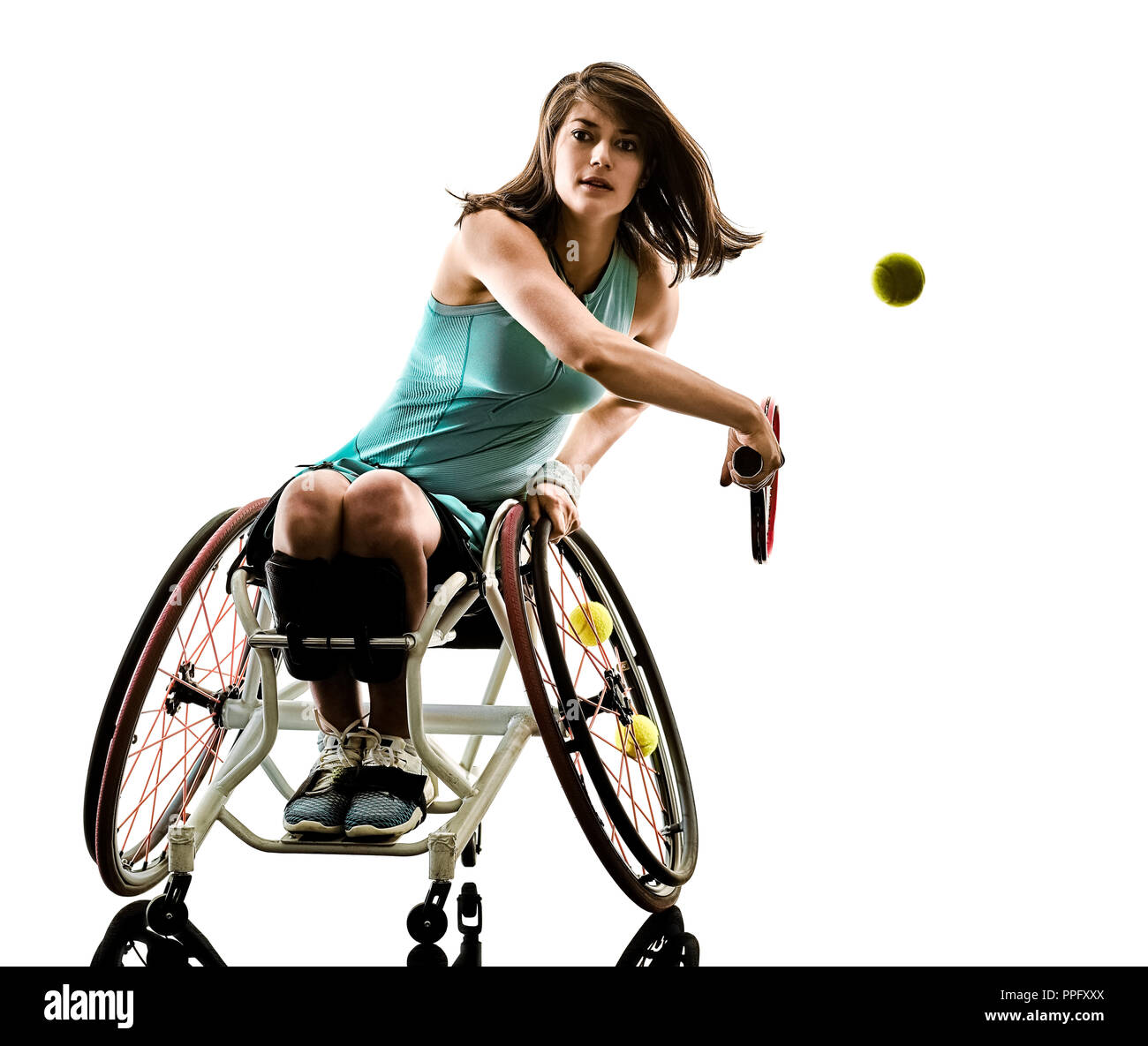 one caucasian young handicapped tennis player woman in wheelchair sport  tudio in silhouette isolated on white background Stock Photo