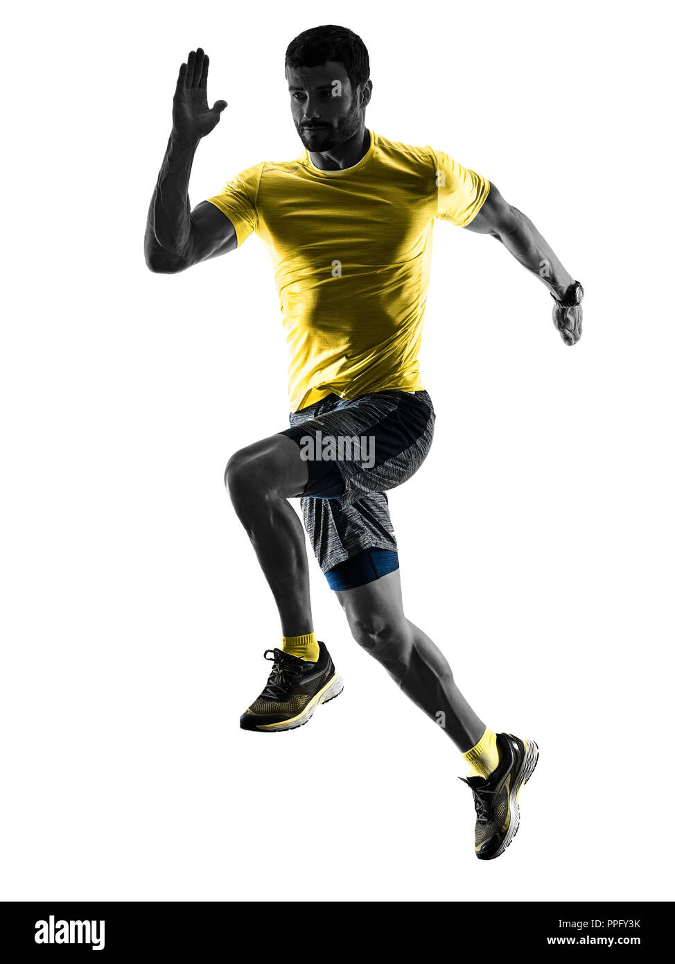 Runner Man one caucasian man runner running jogging jogger silhouette isolated on ...
