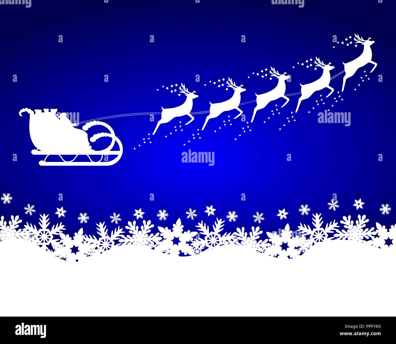 Santa Claus rides in a sleigh reindeer on blue background with ...