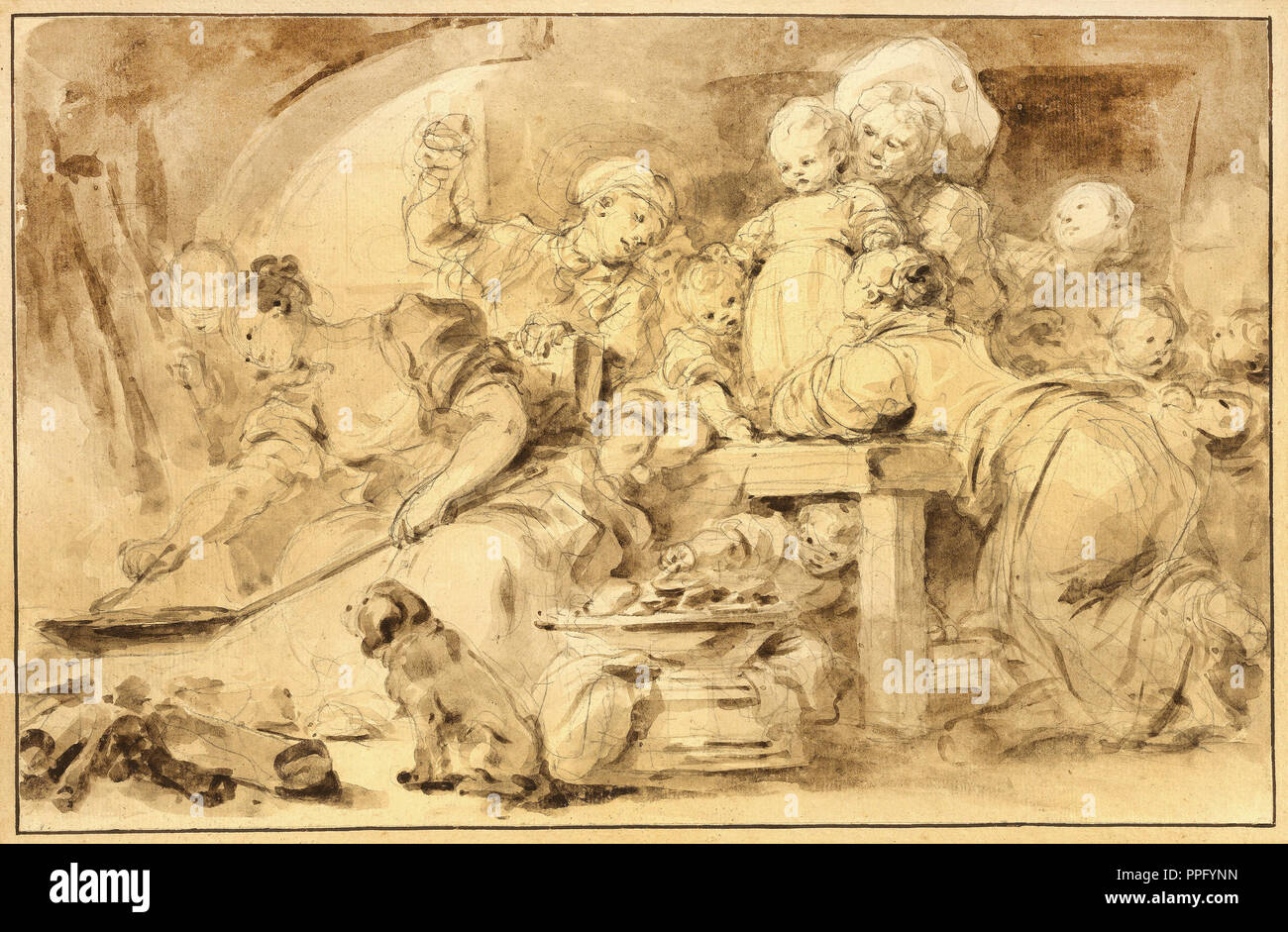 Jean-Honore Fragonard, The Pancake Maker. Circa 1782. Brush and brown ink over graphite. Getty Center, Los Angeles, USA. Stock Photo