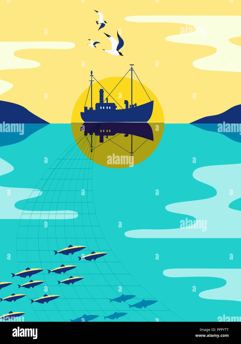 Fishing vessel poster. Stock Vector