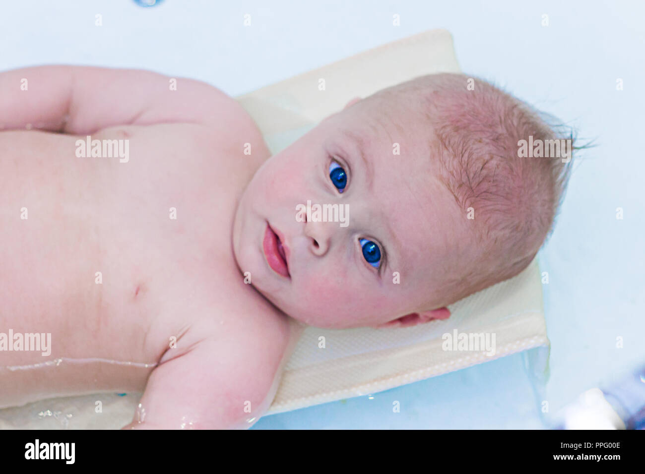 6 month baby boy taking a bath. Little child in a bathtub. Infant washing and bathing