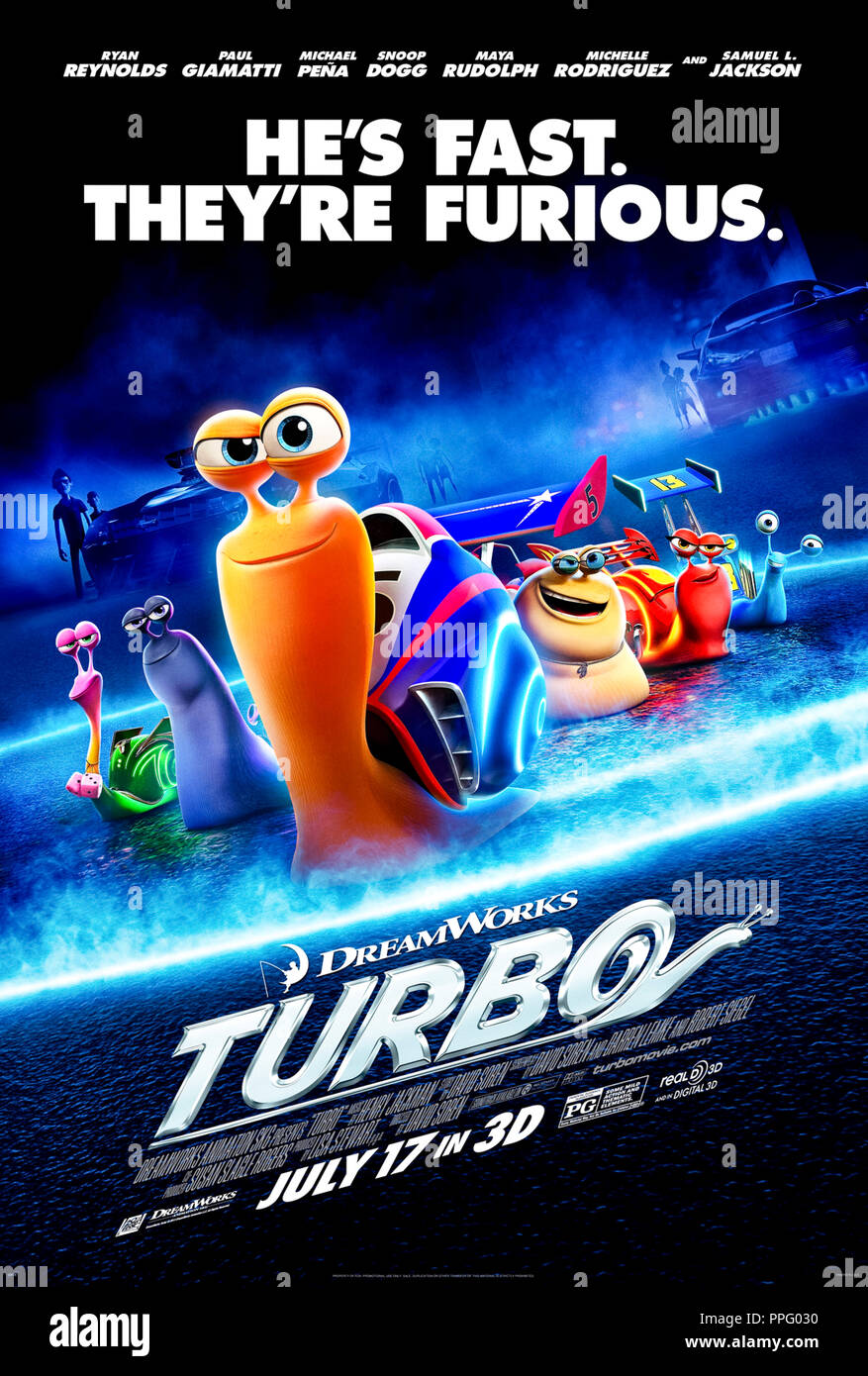 Turbo (2013) directed by David Soren and starring the voices of Ryan Reynolds, Paul Giamatti, Maya Rudolph and Samuel L. Jackson. Animation about a snail who dreams of winning the Indianapolis 500 automobile race. Stock Photo