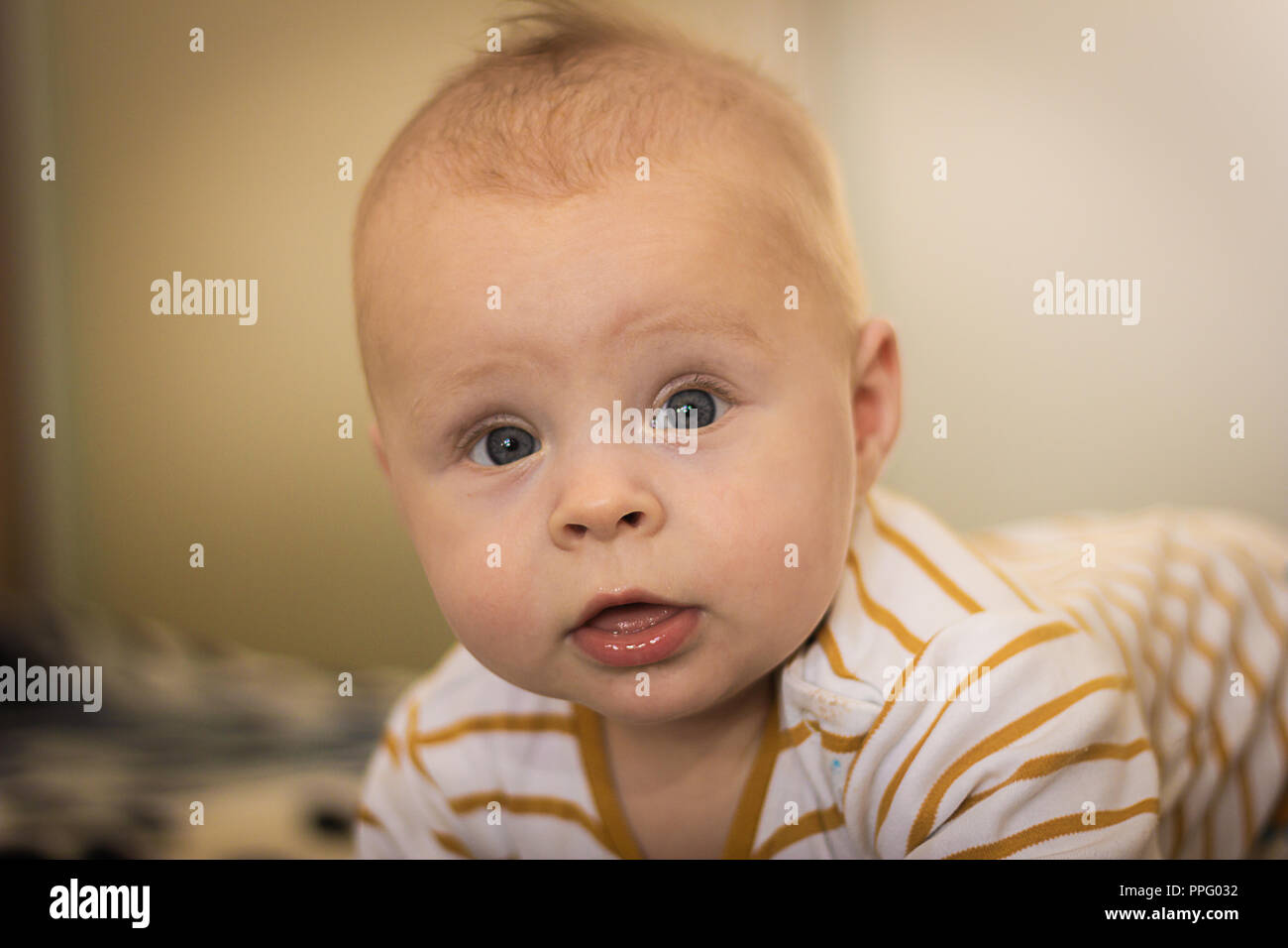 Portrait of a expressive happy baby, holds head up. baby development concept photo, lifestyle. Stock Photo