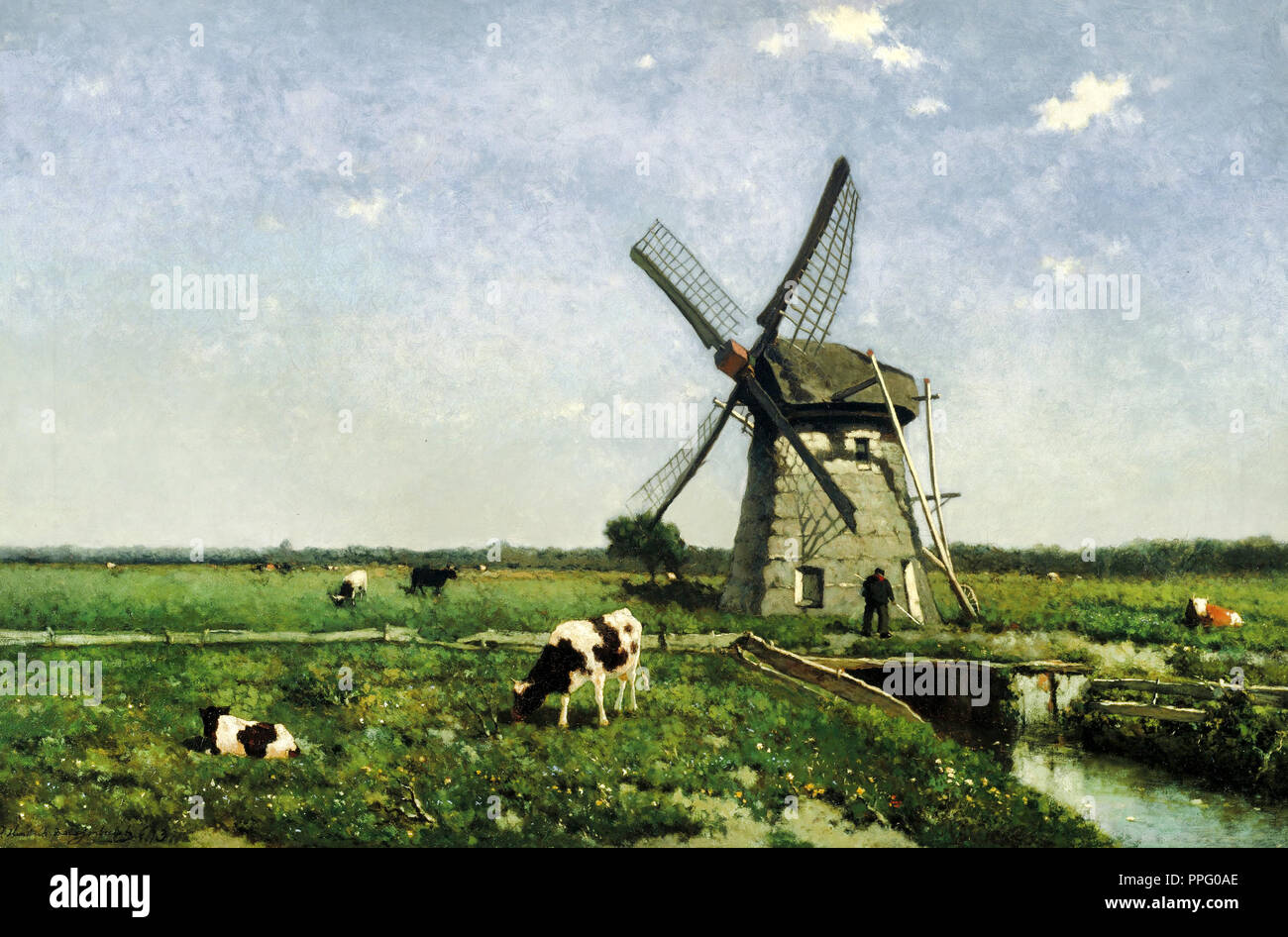 Johan Hendrik Weissenbruch - Landscape with Windmill near Schiedam 1873 Oil on canvas. Museum Boijmans Van Beuningen, Rotterdam, Netherlands. Stock Photo
