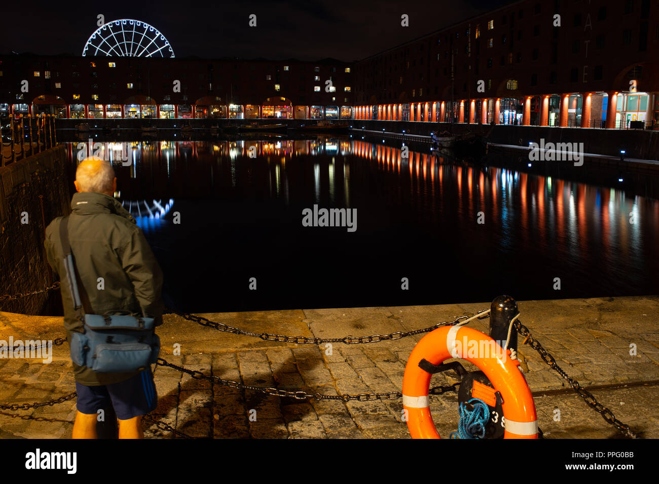 The Albert Docks, Liverpool, Victorian splendour, and a modern Ferris Wheel. Image taken in September 2018. Stock Photo