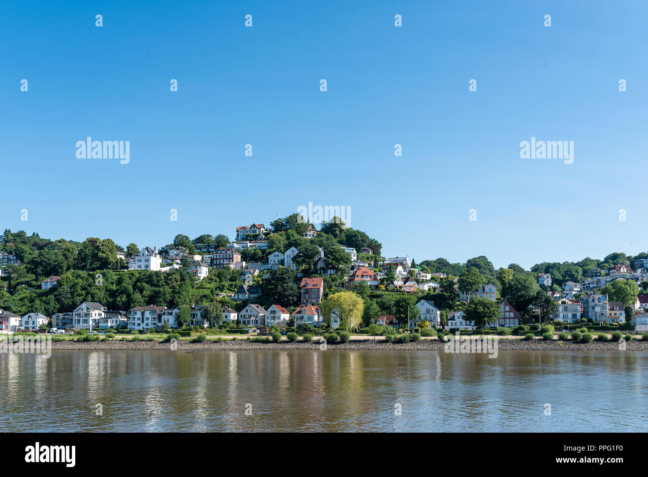Hamburg Blankenese on sunny day as seen from Elbe river Stock Photo