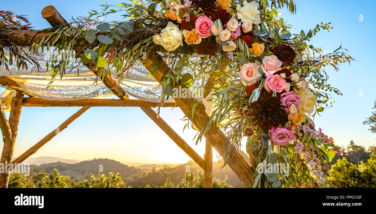 Lace and flowers on traditional Jewish Chuppah Stock Photo