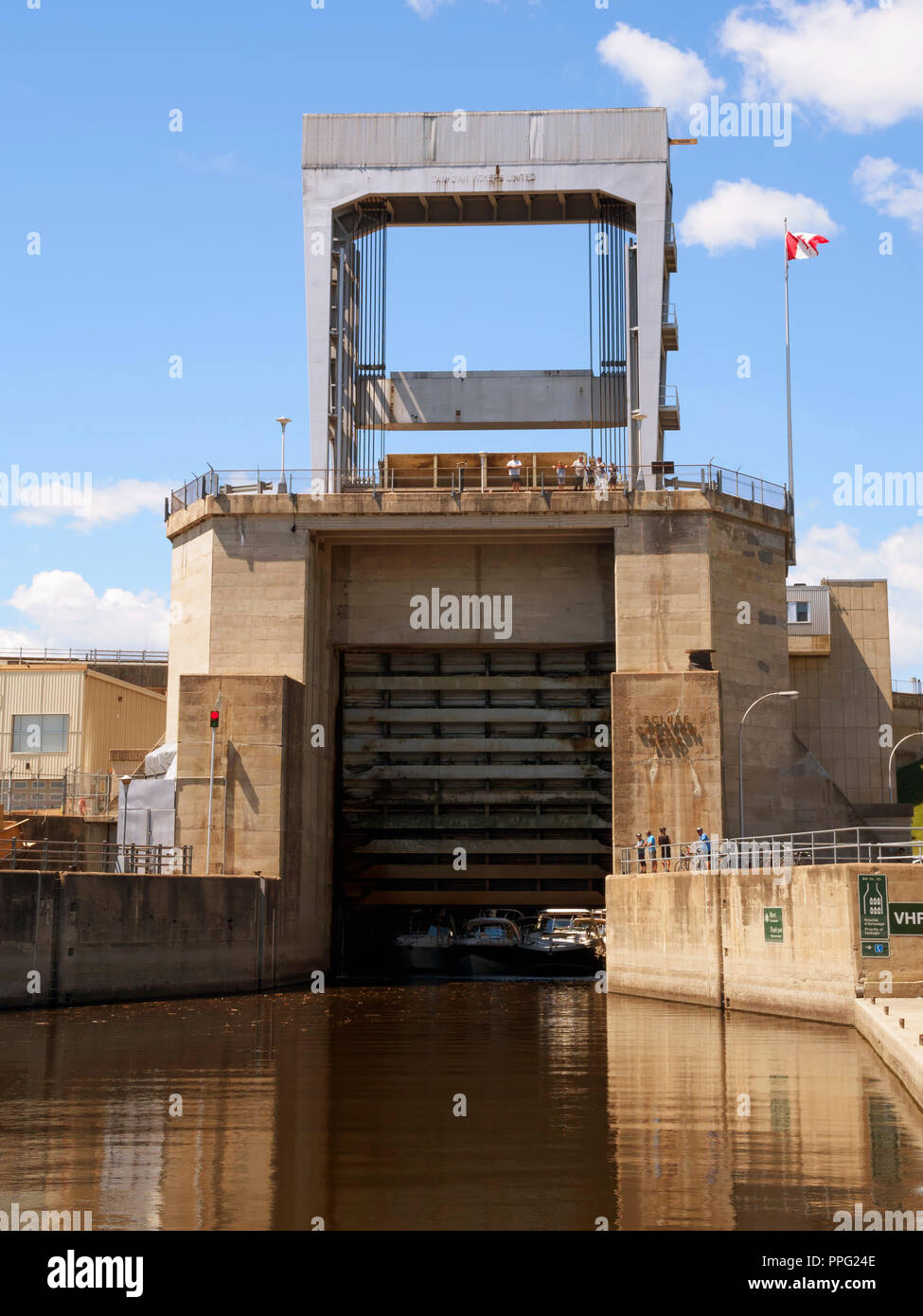 Carillon lock lifts boats 20 metres on the Carillon Canal. The lock is opened and closed with a 200 ton lift gate. Stock Photo