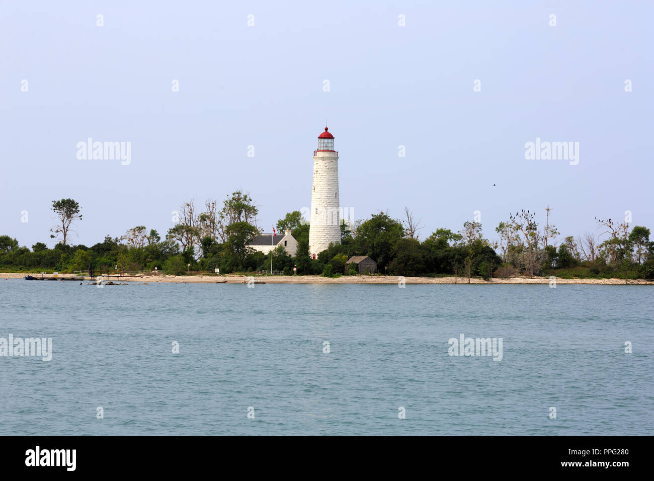 Chantry Island Lighthouse and Lightkeeper's cottage, Lake Huron, Ontario Stock Photo