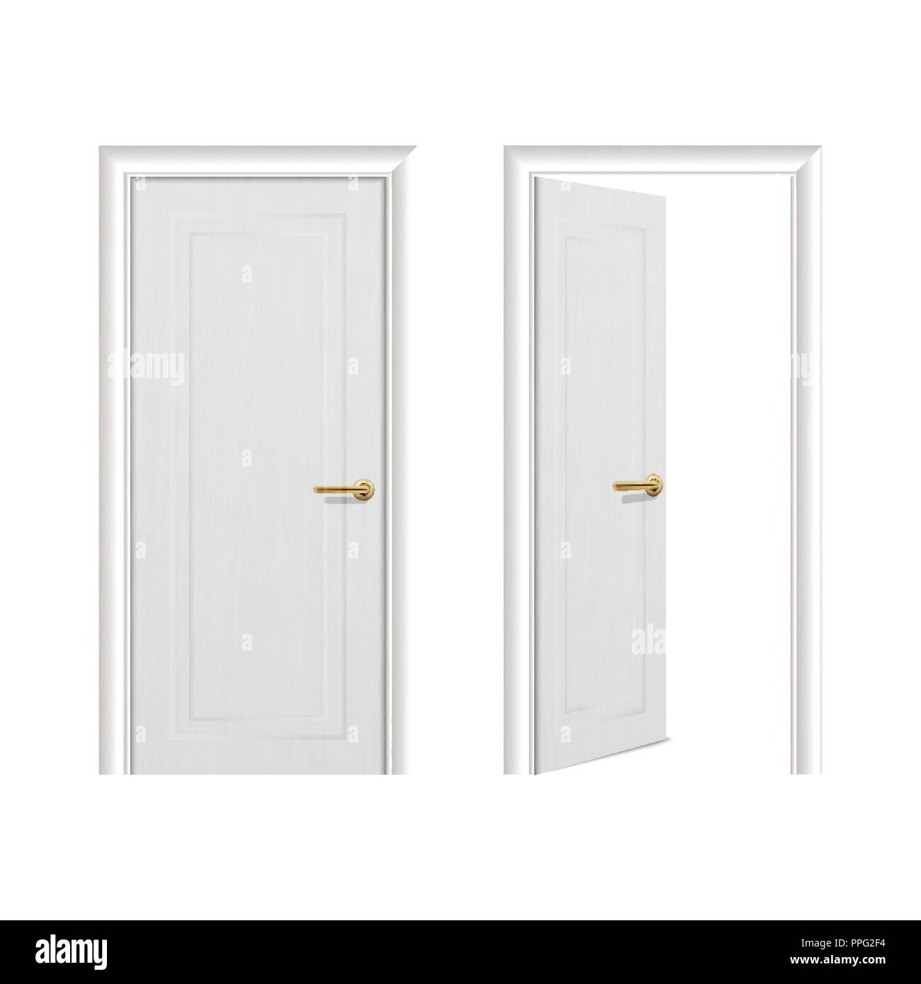 Vector realistic different opened and closed white wooden door icon set ...