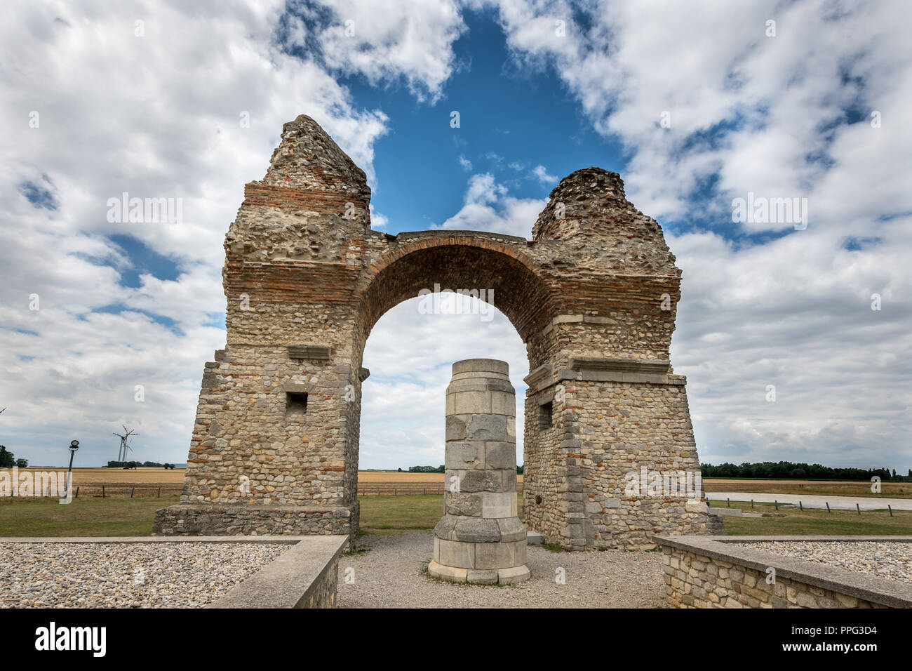 The public accessible Heathens' Gate (Heidentor) in Petronell Carnuntum (Lower Austria) was presumably erected during the reign of Emperor Constantius Stock Photo