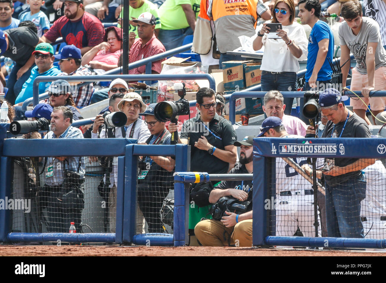 Fotografos de Monterrey. Reuters.  Acciones del partido de beisbol, Dodgers de Los Angeles contra Padres de San Diego, tercer juego de la Serie en Mex Stock Photo