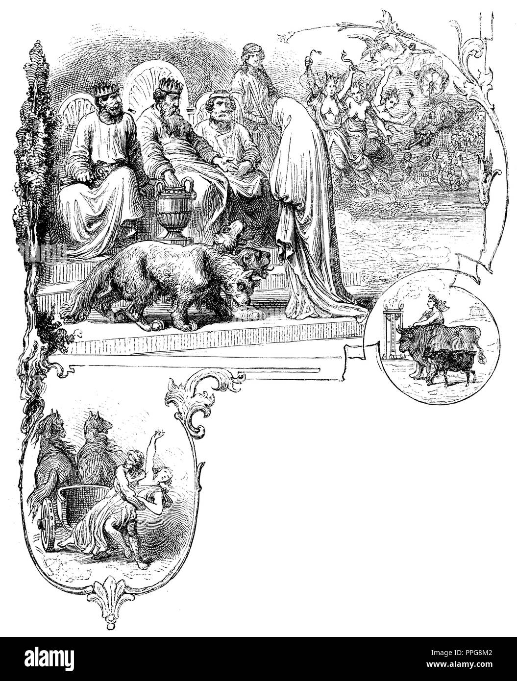 Pluton, god of the underworld and the realm of the dead, and Persephone, fertility goddess and goddess of the underworld, chapter vignette, anonym  1867 Stock Photo