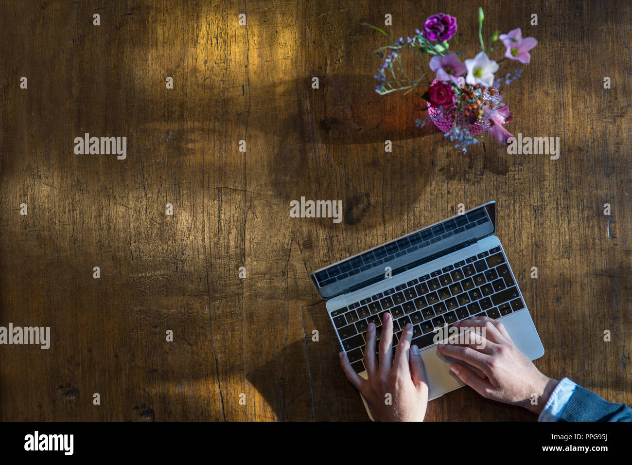 Man working on his laptop on a wooden table in nice environment. Stock Photo