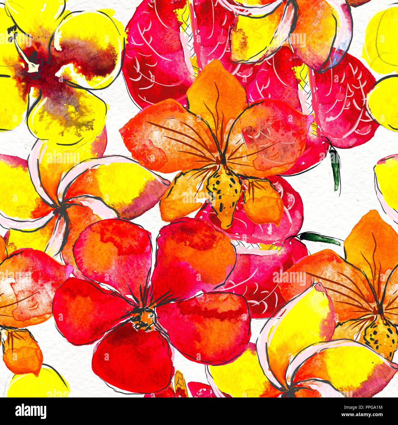Seamless pattern With Tropical Flowers. Watercolor Background Stock ...