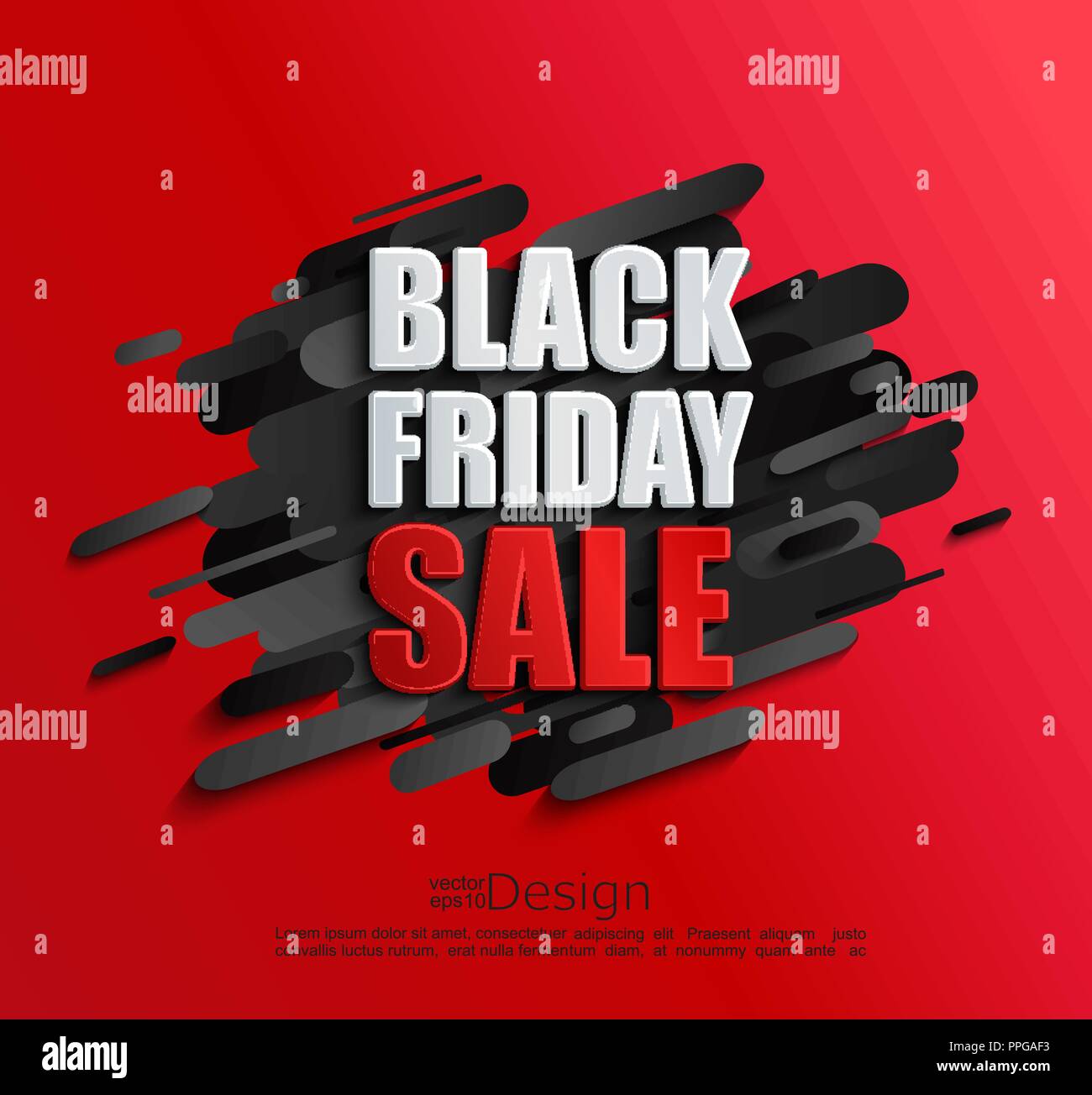 Sale banner for black friday on dynamic red background. Perfect template for flyers, discount cards, web, posters, ad, promotions, blogs and social media, marketing. Vector illustration. Stock Vector