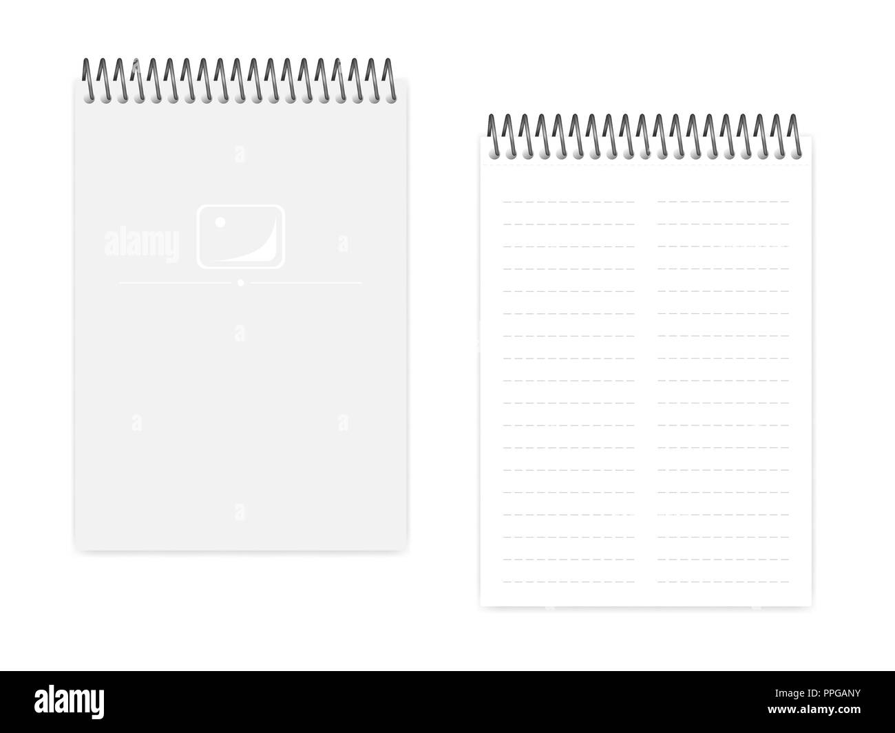 Two column dashed line top spiral notebook, realistic vector mockup. Wire bound A5 size notepad, mock up. Loose leaf note book, template Stock Vector