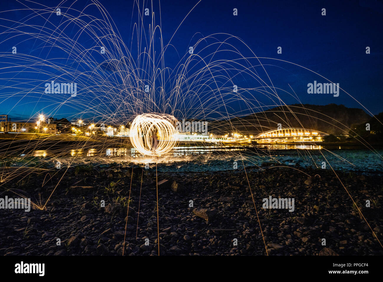 Light painting in the channel bed Labe. Stock Photo