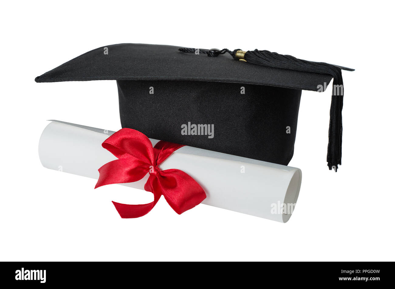 Black graduate hat and paper scroll tied with red ribbon with a bow, isolated on white background Stock Photo