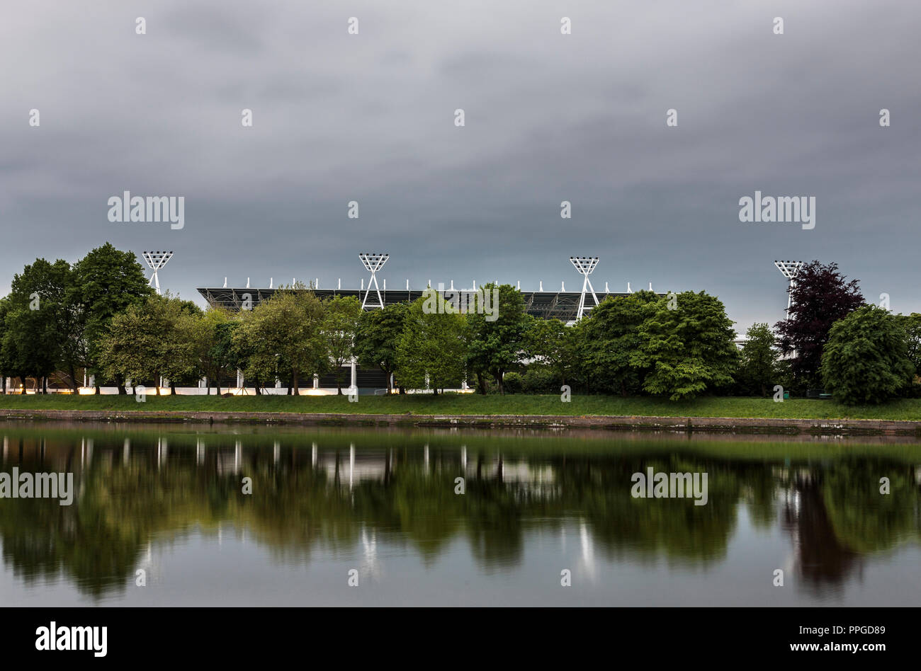 Cork, Ireland. 26th May, 2018. An early morning view of Pairc Ui Chaoimh and the River Lee just before sunrise Stock Photo