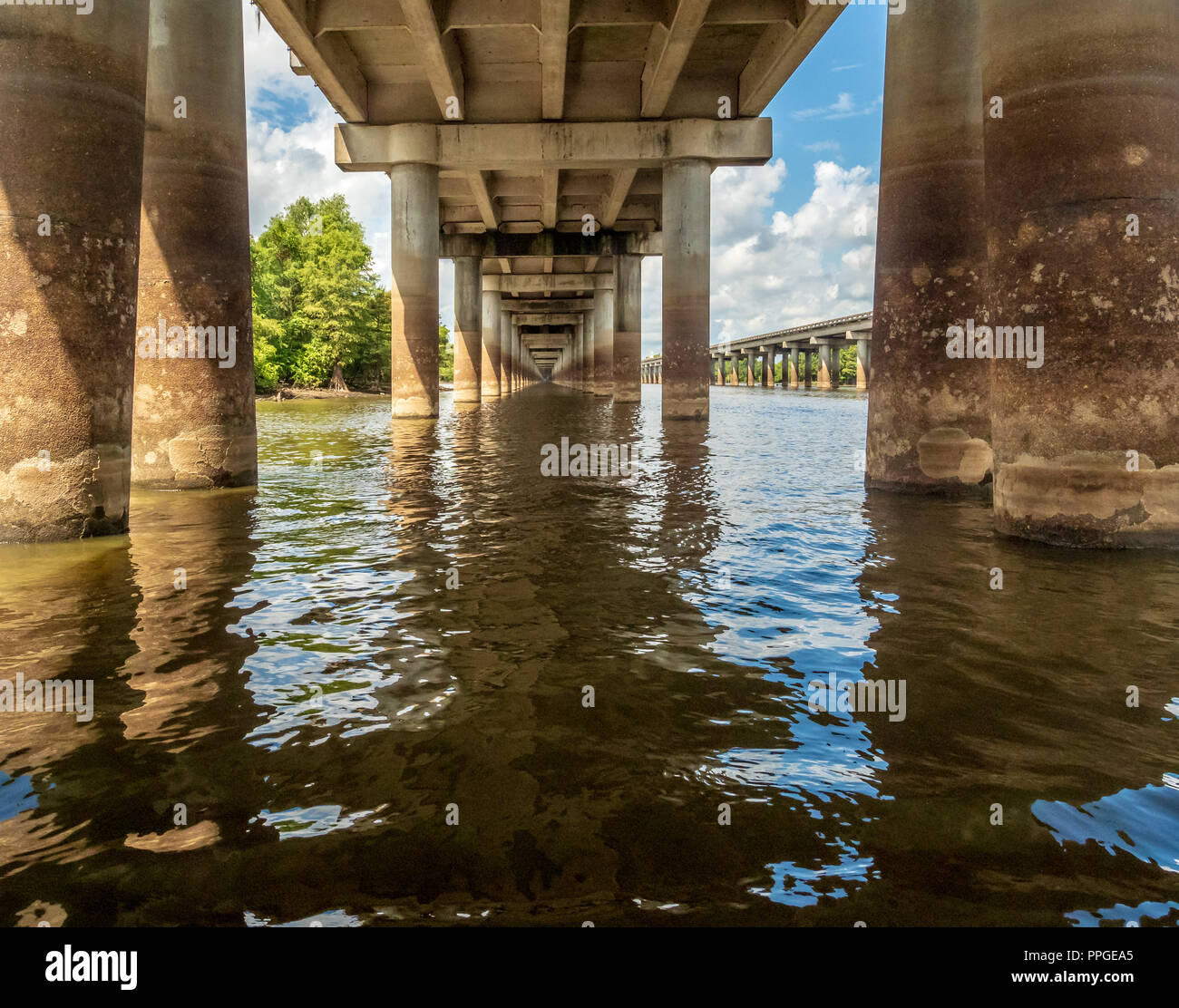 Atchafalaya Basin Bridge from water level - carries Interstate 10 across the Atchafalaya Basion, Mississippi Stock Photo