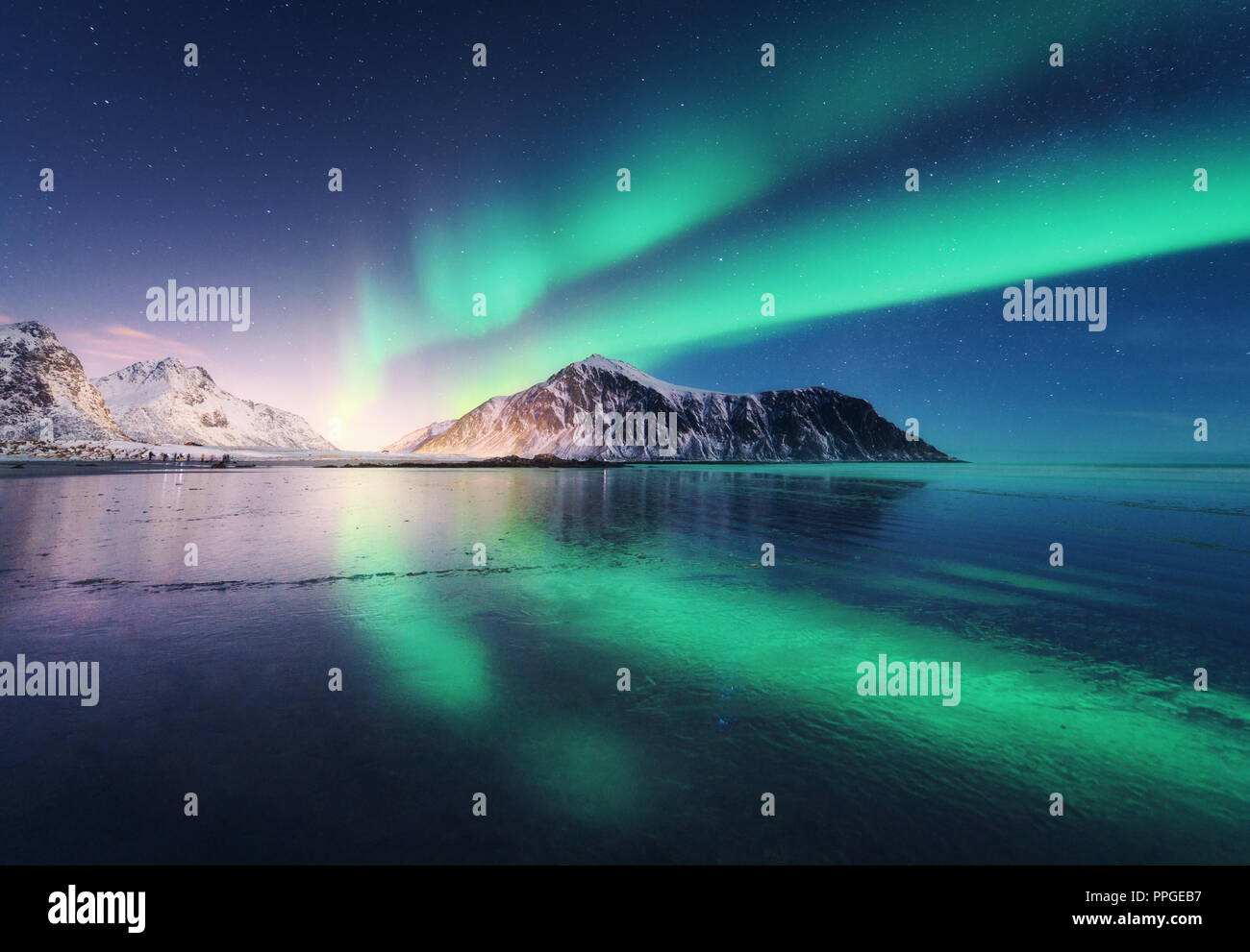Northern lights in Lofoten islands, Norway. Green Aurora borealis ...