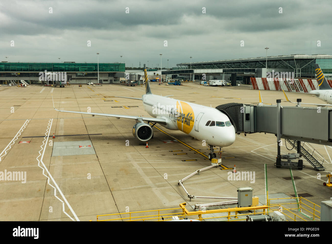 Primera Air Passenger jet at loading bay. Stanstead, Airport. UK Stock Photo