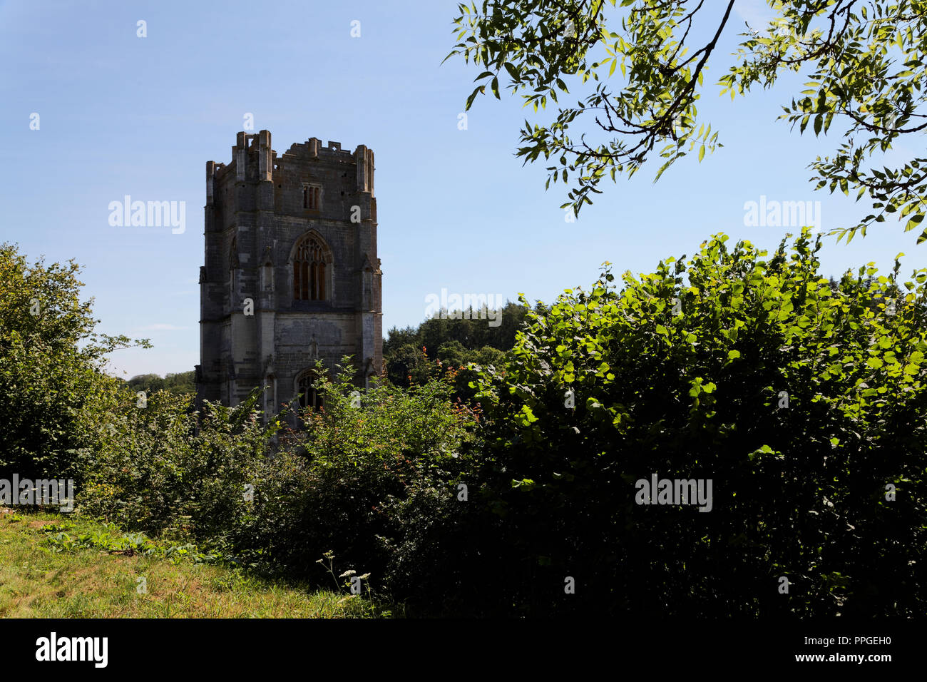 Fountains Abbey, North Yorkshire, Huby's Towera UNESCO World Heritage Site – well-preserved ruins of a Cistercian Monastery Stock Photo