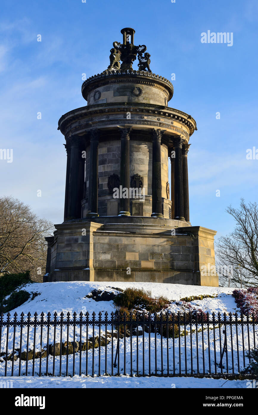 Monument to Robert Burns in snow, Regent Road, Edinburgh, Scotland Stock Photo