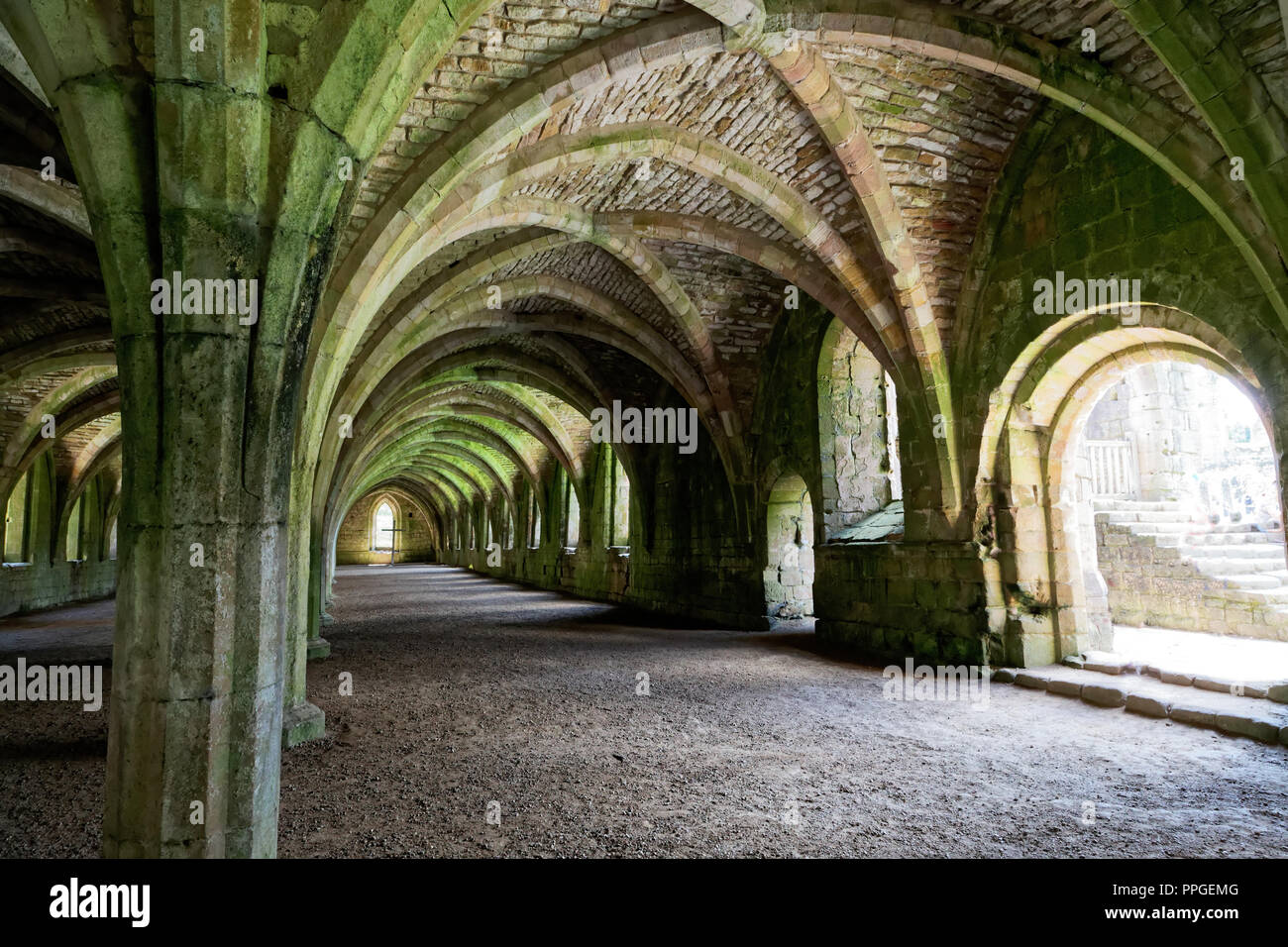 The Cellarium, Fountains Abbey, North Yorkshire, a UNESCO World Heritage Site – well-preserved ruins of a Cistercian Monastery Stock Photo