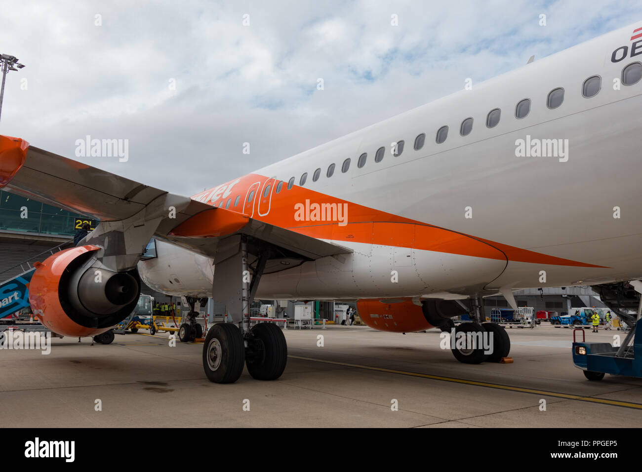 Easyjet airliner at loading gate. Stanstead Airport, UK Stock Photo