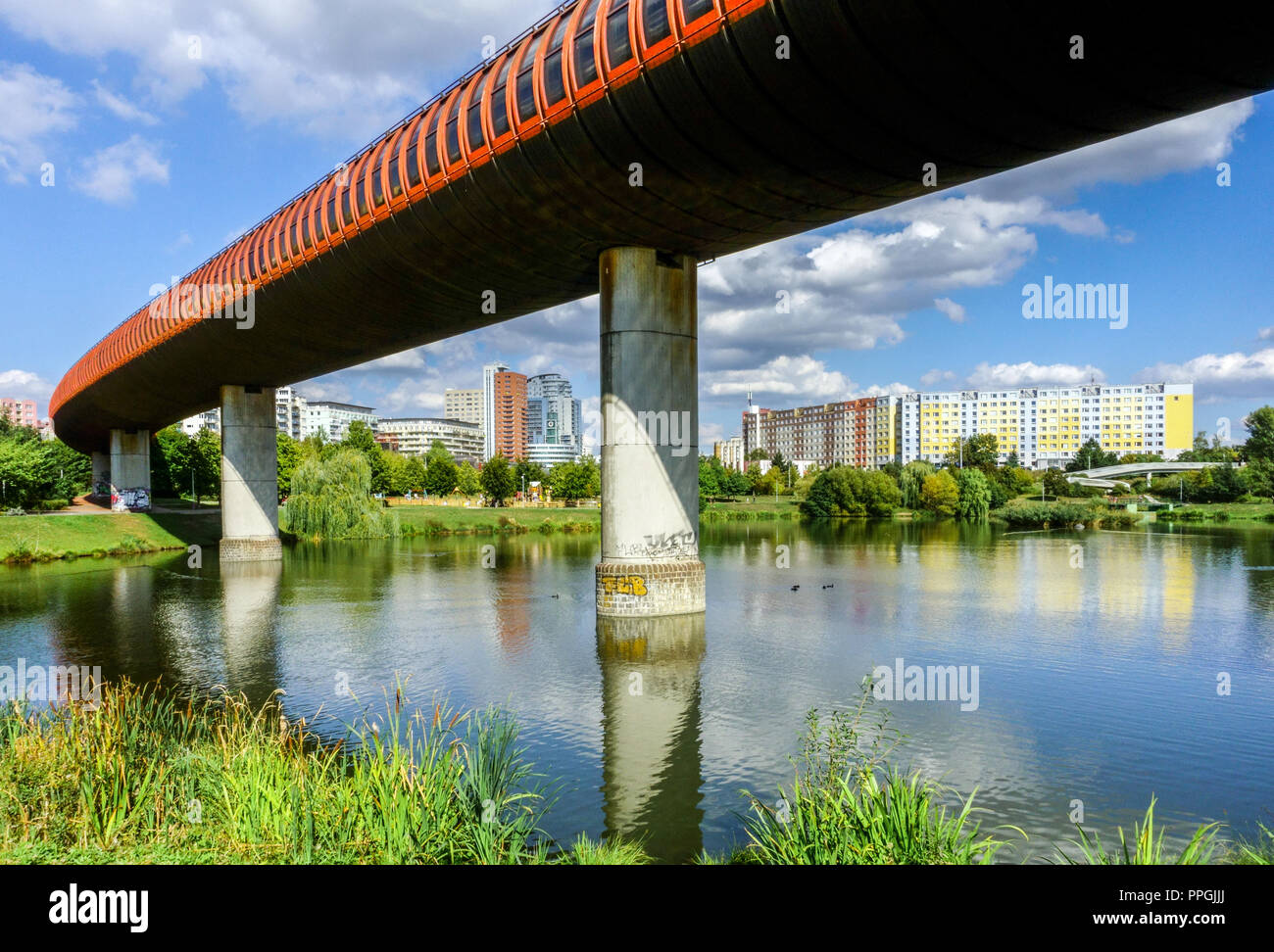 Tube subway leading over the Nepomuk pond, Stodulky district, suburbs Prague metro, Czech Republic Architecture, Prague, Stodulky, Urban, Suburb, Metro Stock Photo