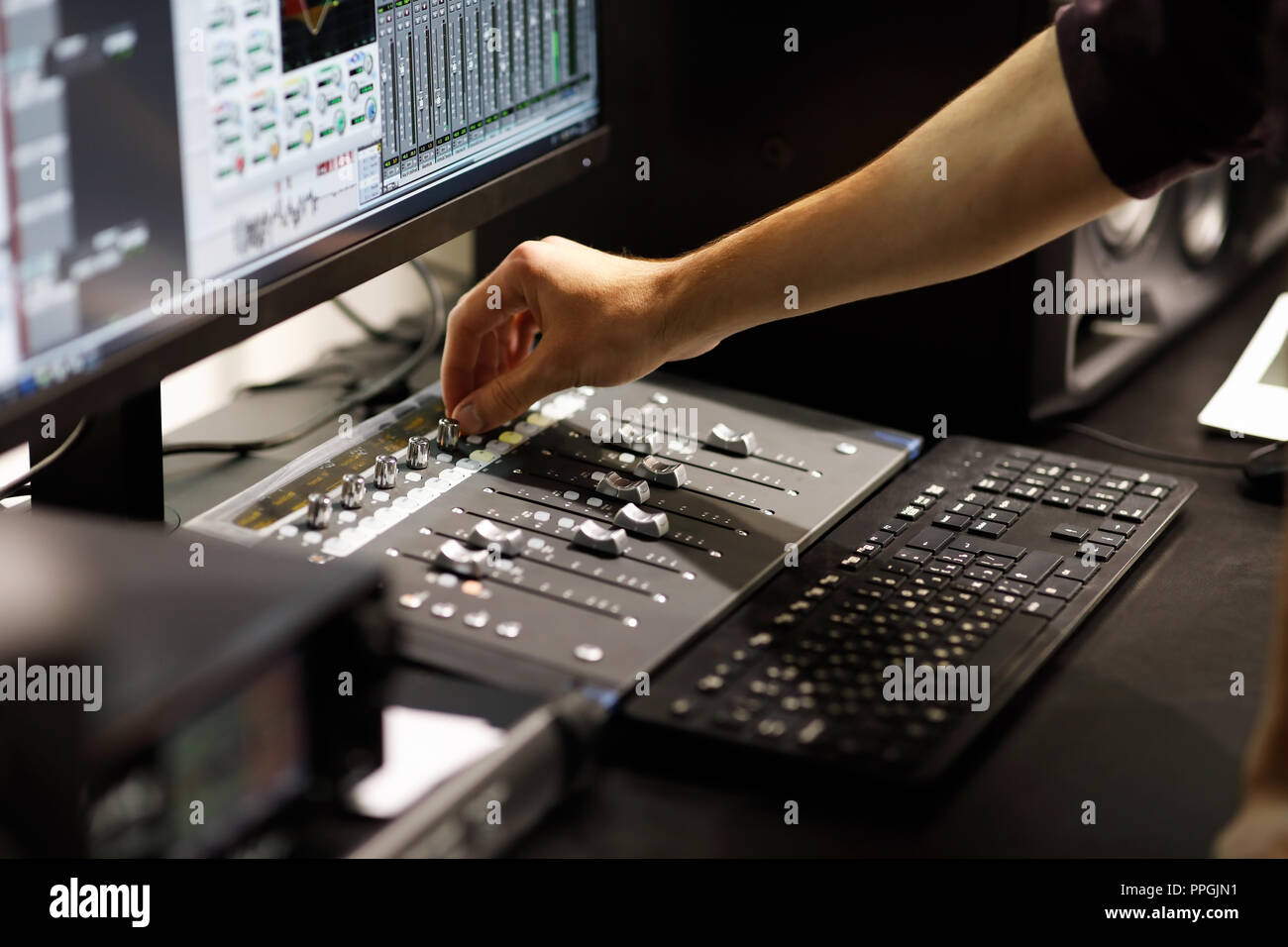 Music recording and mixing at home studio. Selective focus. Stock Photo