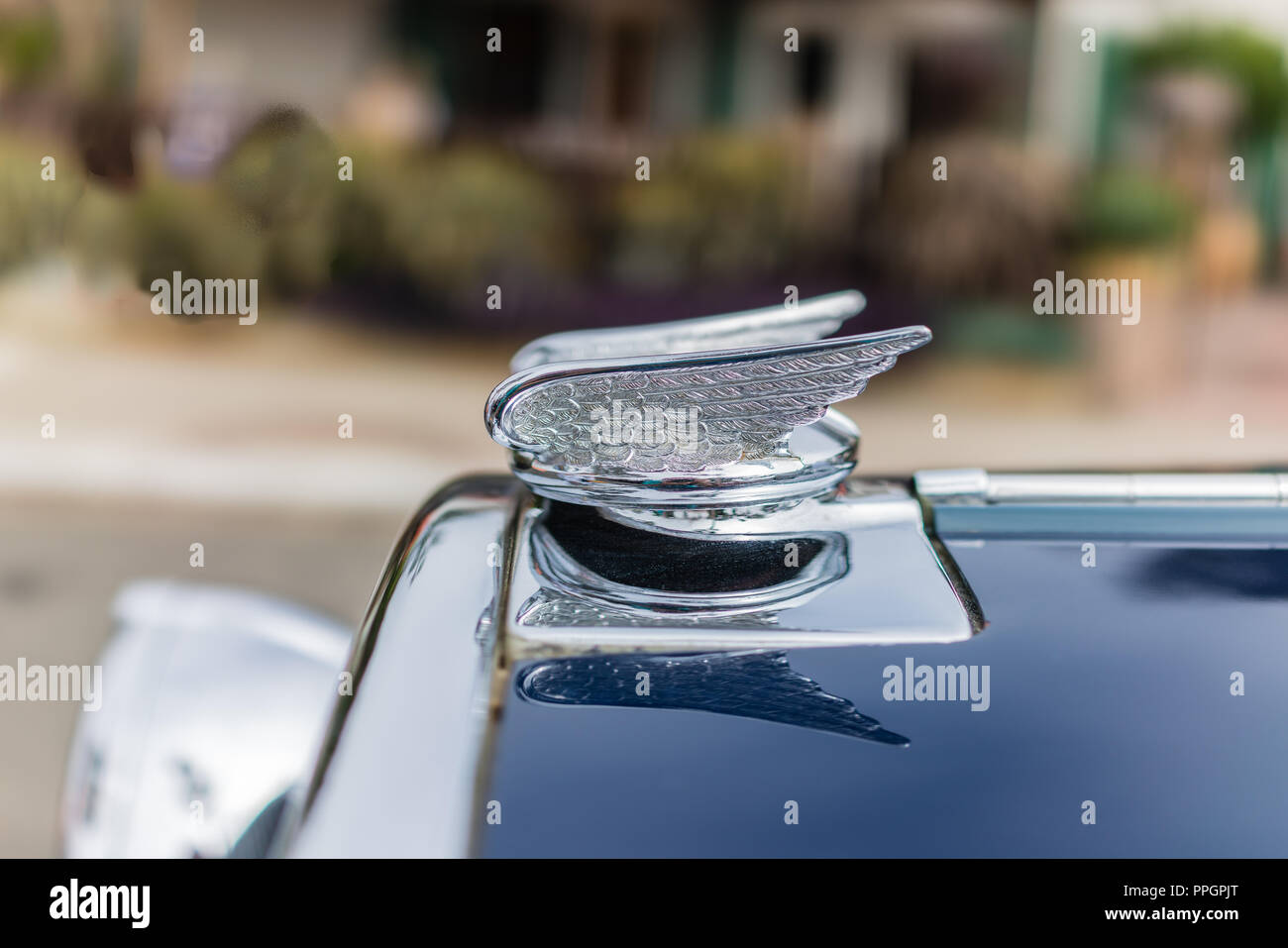 Close-up view of 1930 Chrysler 77 La Monde classic automobile hood ornament. Stock Photo