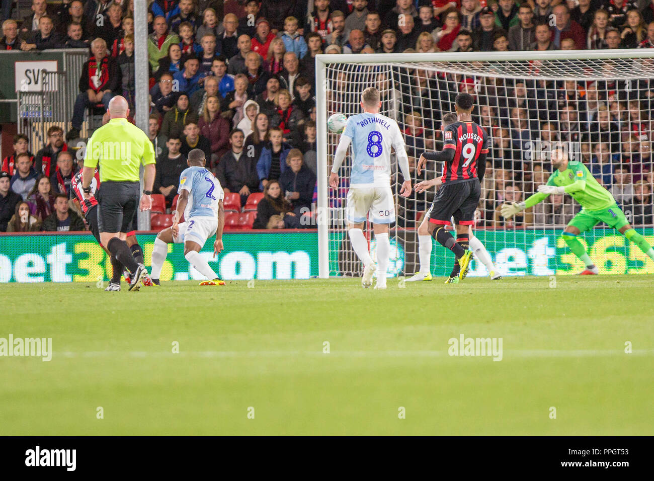 Bournemouth, UK. 25th September 2018. Junior Stanislas of Bournemouth scores the opening goal during the EFL Carabao Cup 1/16-Final match between AFC Bournemouth and Blackburn Rovers at the Vitality Stadium, Bournemouth, England on 25 September 2018. Photo by Simon Carlton.  Editorial use only, license required for commercial use. No use in betting, games or a single club/league/player publications. Credit: UK Sports Pics Ltd/Alamy Live News Stock Photo