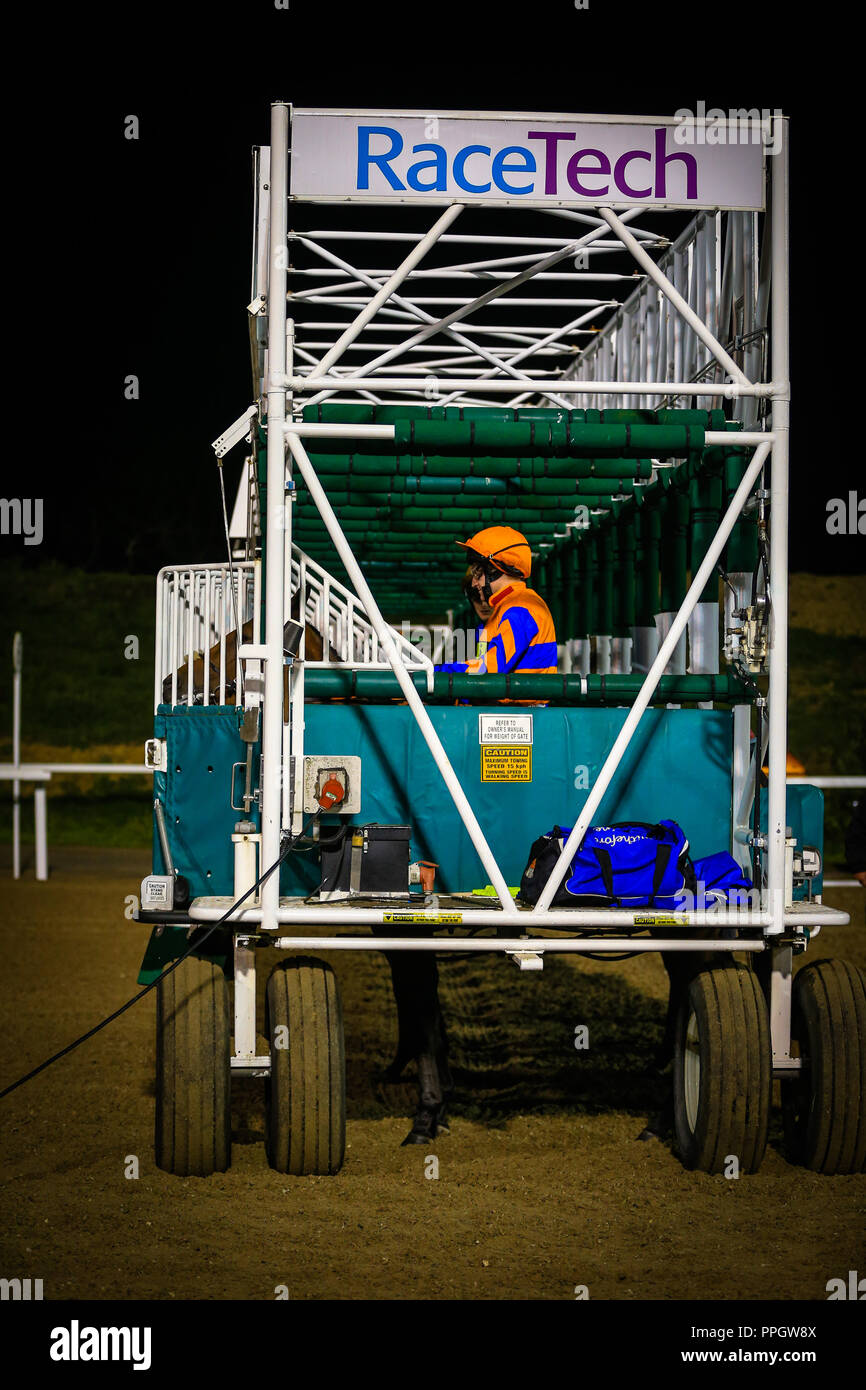 Chelmsford, UK. 25th September, 2018. Chelmsford City Racing, 19.45 Chelmsford City Bet In Play At totesport.com Maiden Stakes runners load into the stalls.   Credit: Georgie Kerr/News Images Credit: News Images /Alamy Live News Stock Photo