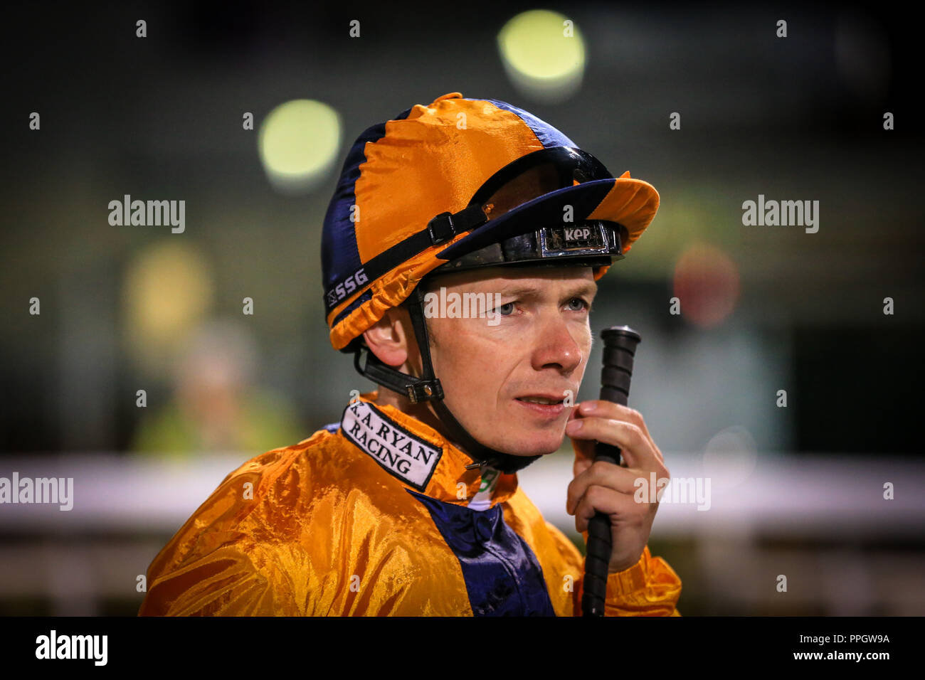 Chelmsford, UK. 25th September, 2018. Chelmsford City Racing, 19.15 Chelmsford City Irish Lotto At totesport.com Handicap ; Jockey Jamie Spencer returns to the paddock    Credit: Georgie Kerr/News Images Credit: News Images /Alamy Live News Stock Photo