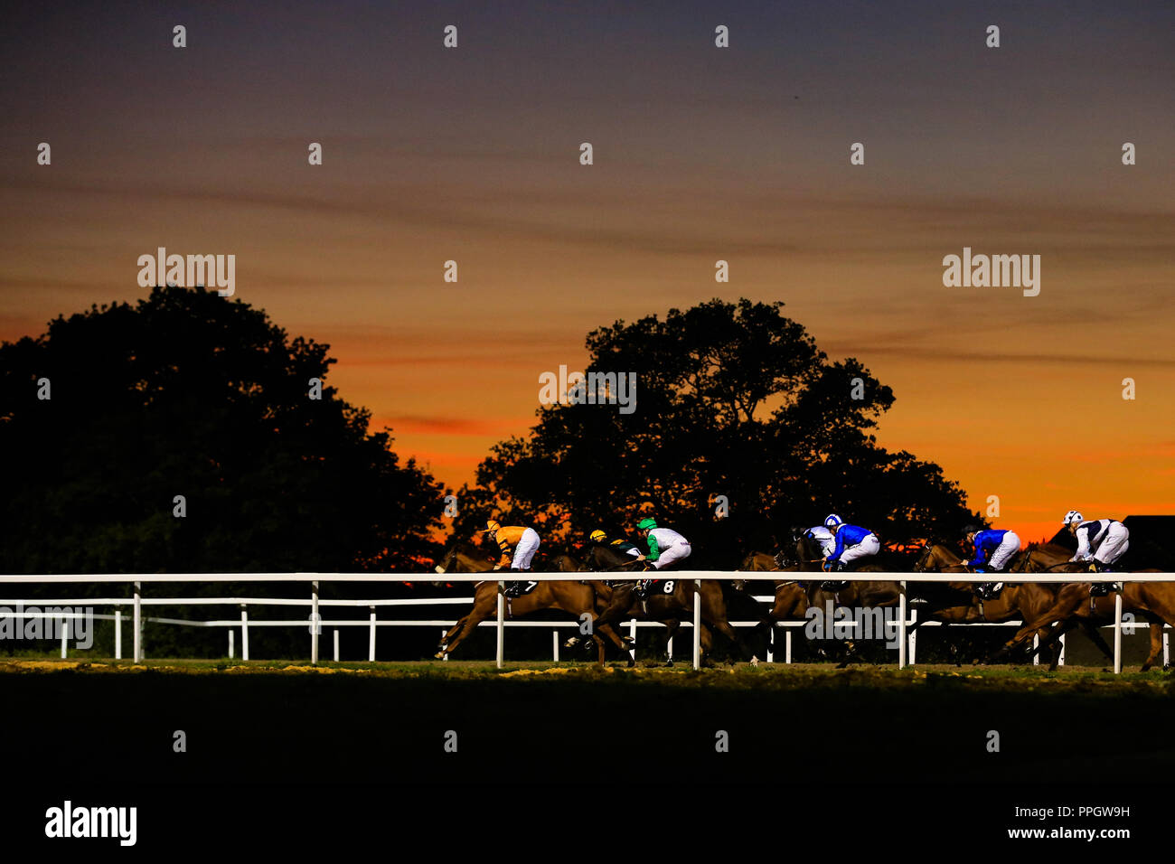 Chelmsford, UK. 25th September, 2018. Chelmsford City Racing, 19.15 Chelmsford City Irish Lotto At totesport.com Handicap ; The field race against the sunset at Chelmsford.   Credit: Georgie Kerr/News Images Credit: News Images /Alamy Live News Stock Photo