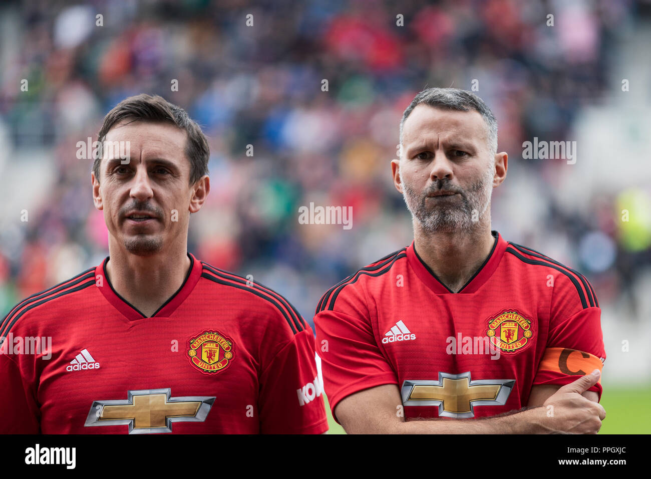 Cork, Ireland, 25 September 2018. Gary Neville and Ryan Giggs line up at  Pairc Ui Chaoimh pitch, for the Liam Miller Tribute match between Ireland  and Celtic XI vs Manchester United XI,