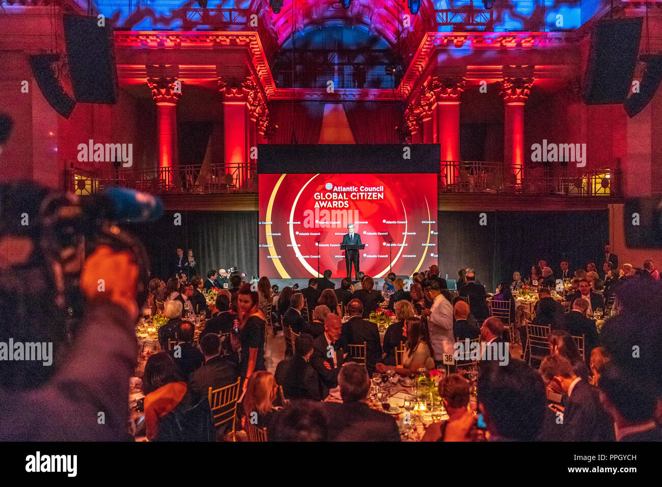 New York, USA, 24 September 2018.  Argentine President Mauricio Macri give his acceptance speech after receiving the Atlantic Council's Global Citizen Award during a ceremony at Cipriani Wall Street in New York City.  Photo by Enrique Shore Credit: Enrique Shore/Alamy Live News Stock Photo