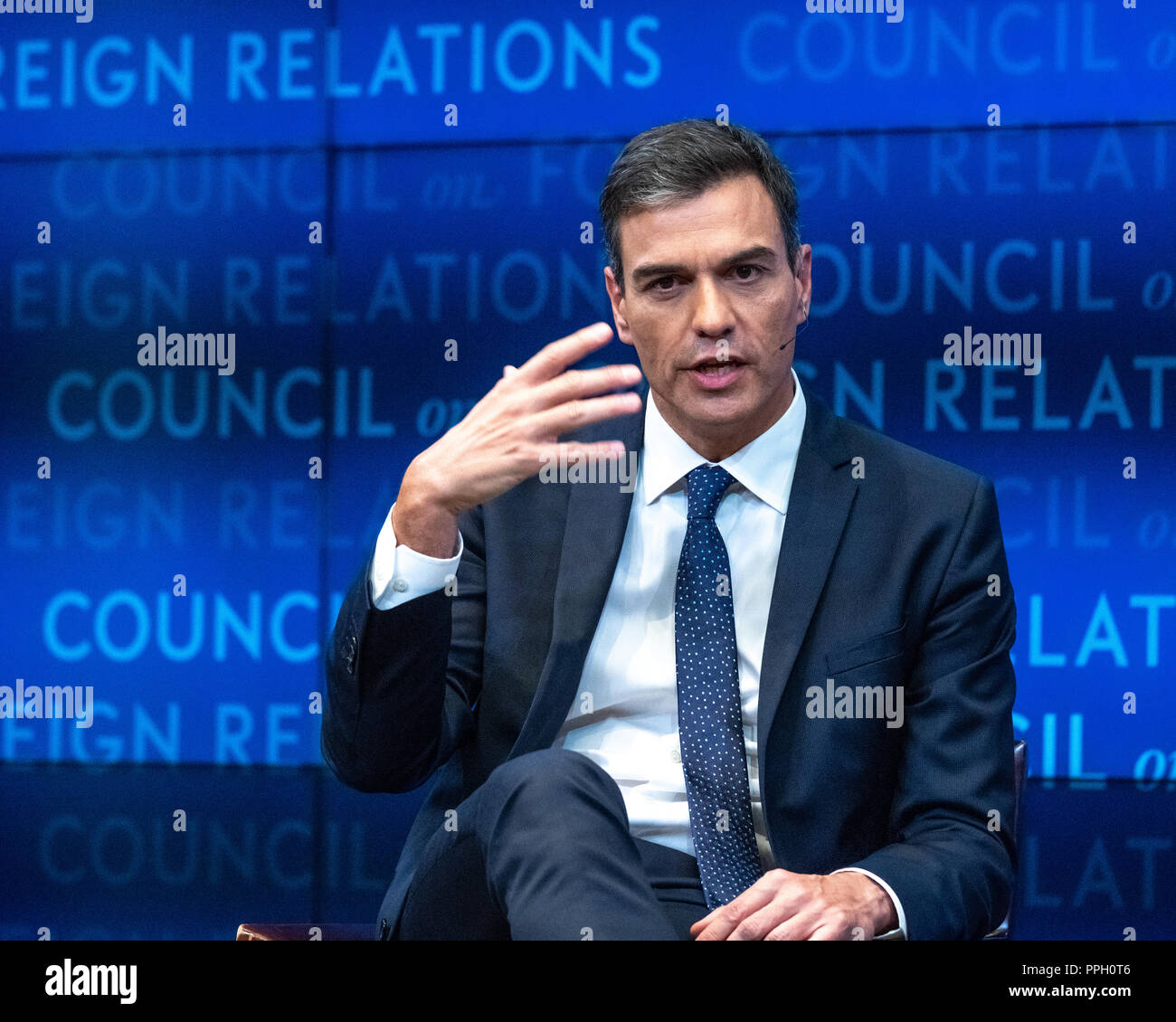 New York, USA, 25 September 2018.  Spanish Prime Minister Pedro Sanchez addresses an event at the Council on Foreign Relations in New York, on the sidelines of the 73rd United Nations General Assembly.  Photo by Enrique Shore Credit: Enrique Shore/Alamy Live News Stock Photo