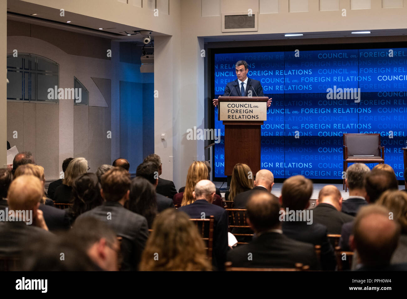 New York, USA, 25 September 2018.  Spanish Prime Minister Pedro Sanchez addresses an event at the Council on Foreign Relations in New York, on the sidelines of the 73rd United Nations General Assembly.  Photo by Enrique Shore Credit: Enrique Shore/Alamy Live News Stock Photo