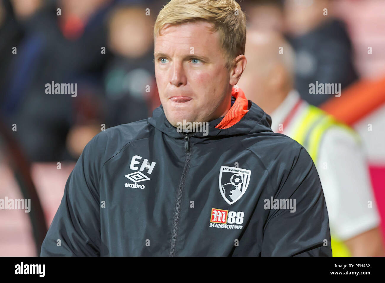 Eddie Howe manager of Bournemouth during the EFL Carabao Cup 3rd round match between AFC Bournemouth and Blackburn Rovers at the Vitality Stadium, Bournemouth, England on 25 September 2018. Photo by Simon Carlton.  Editorial use only, license required for commercial use. No use in betting, games or a single club/league/player publications. Stock Photo