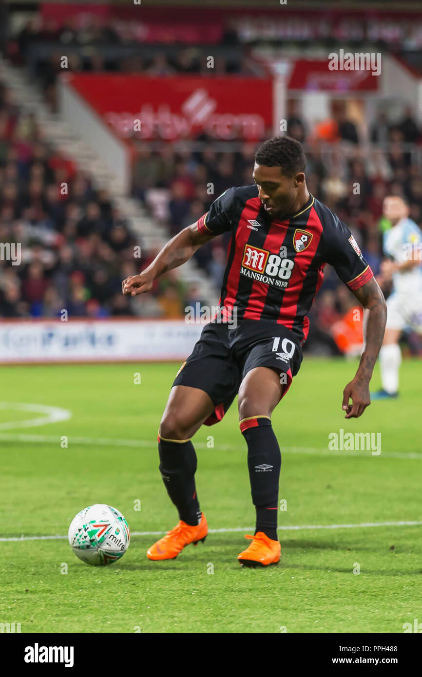 Jordan Ibe of Bournemouth  during the EFL Carabao Cup 3rd round match between AFC Bournemouth and Blackburn Rovers at the Vitality Stadium, Bournemouth, England on 25 September 2018. Photo by Simon Carlton.  Editorial use only, license required for commercial use. No use in betting, games or a single club/league/player publications. Stock Photo