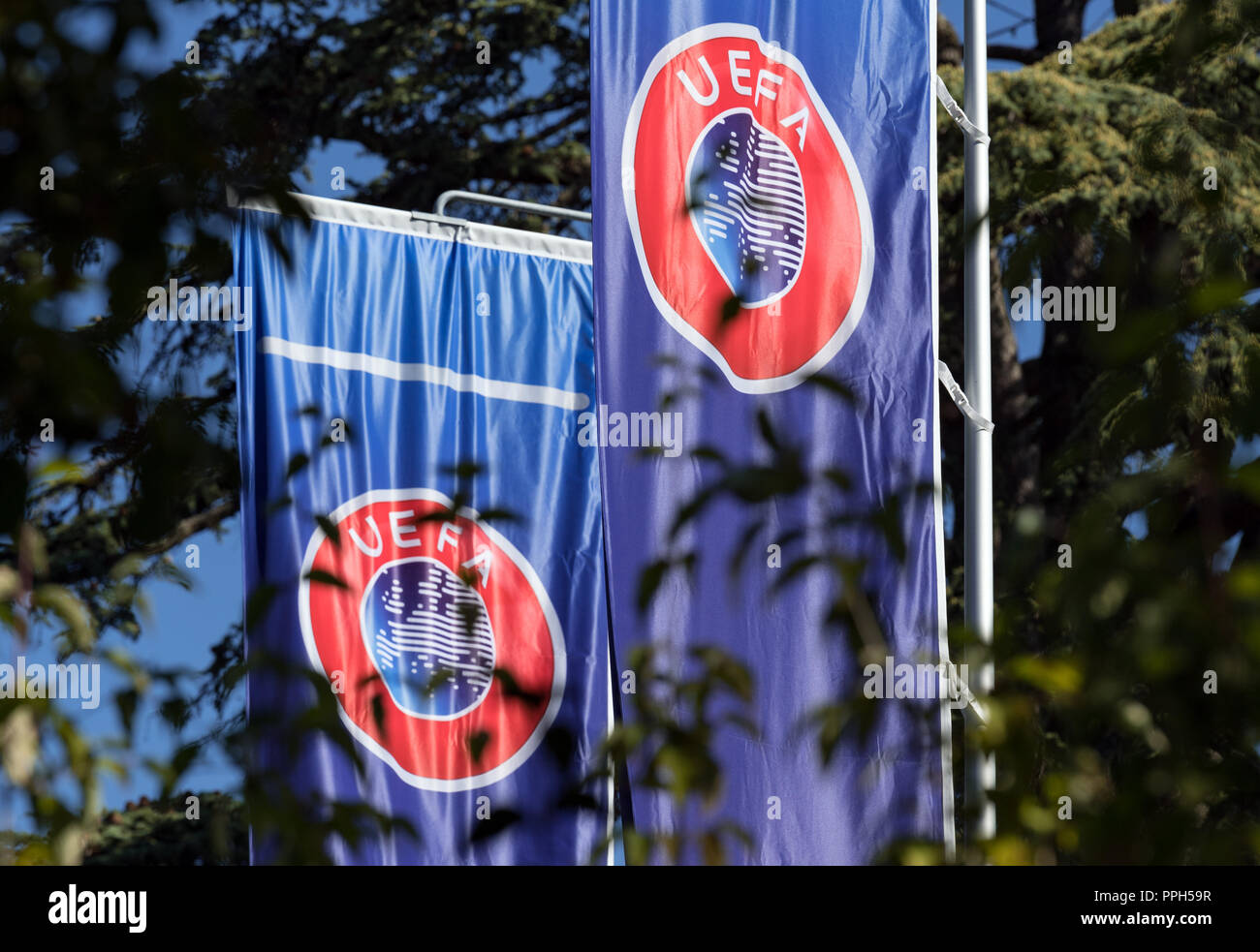 Nyon Switzerland 26th Sep 2018 Flags With The Uefa Logo Waft
