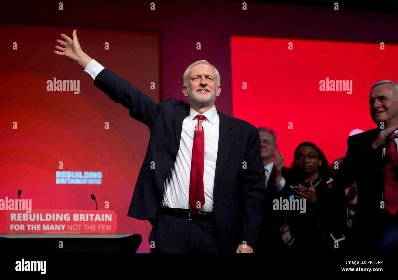 Liverpool, UK. 26th September 2018. Jeremy Corbyn, Leader of the Opposition, Leader of the Labour Party and Labour MP for Islington North, waves to delegate at the Labour Party Conference in Liverpool. © Russell Hart/Alamy Live News. Stock Photo
