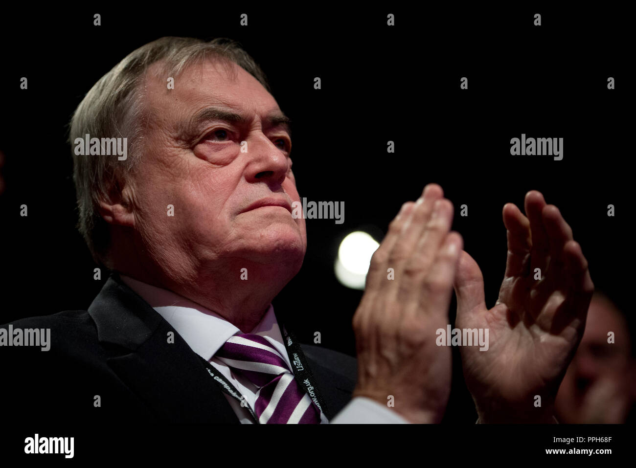 Liverpool, UK. 26th September 2018. Former Deputy Prime Minister John Prescott applauds Jeremy Corbyn's speech at the Labour Party Conference in Liverpool. © Russell Hart/Alamy Live News. Stock Photo
