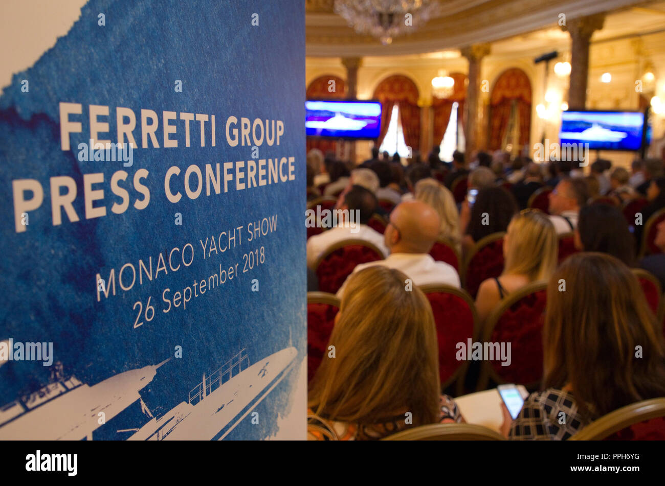 Monte Carlo, Monaco - September 26, 2018: Ferretti Group Press Conference at Monaco Yacht Show at Hotel Hermitage. Yachts, Yachten, Boot, Boote, Ship, Ships, Superyacht | usage worldwide Stock Photo